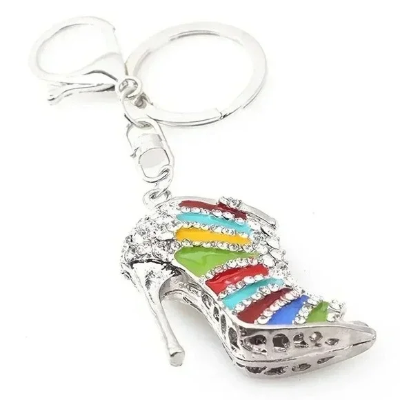 Multicolor Heels Pumps Crystal Rhinestones Silvertoned Handbag Charm Keychain - Picture 3 of 4